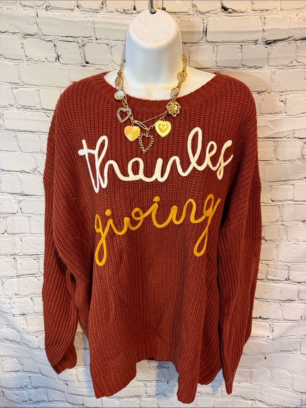 Rusty burnt orange chunky knit raised embroidered Thanksgiving sweater